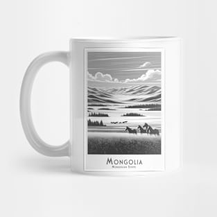 Serene Mongolian Steppes - Horses in Mongolia - black and white Mug